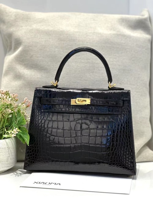 에르메스 켈리 25 느와르 (89) 샤이니 앨리게이터 골드 하드웨어 D