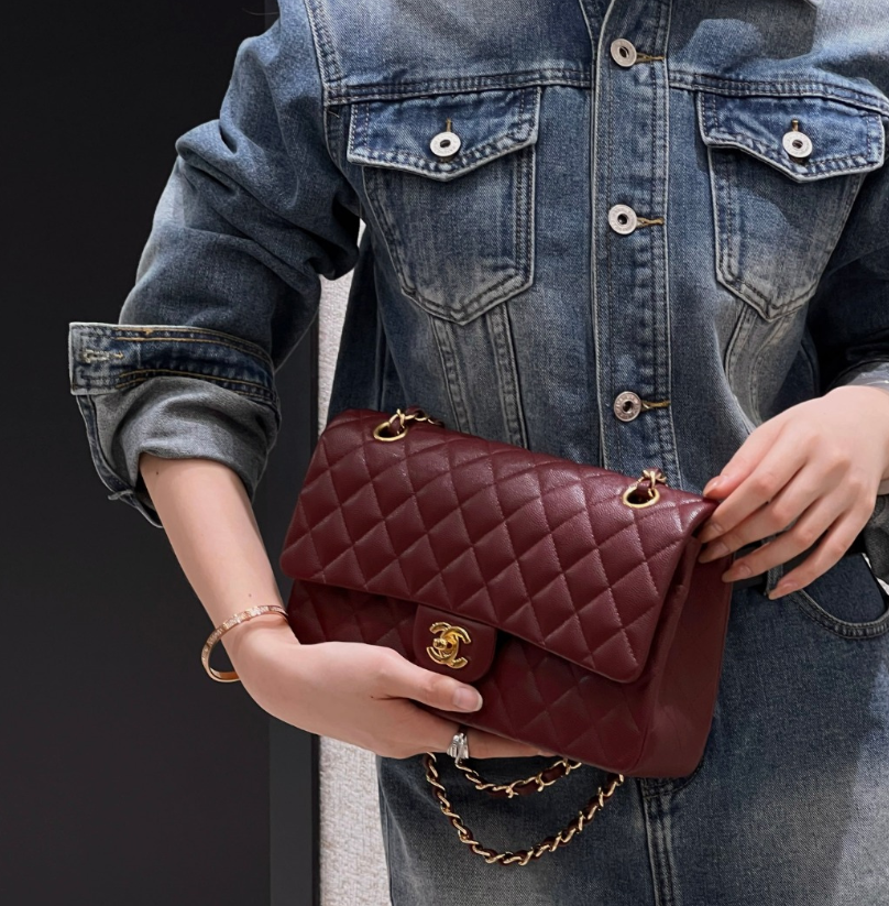 클래식 11.12 백, 램스킨, 골드 메탈, 다크 버건디(정품급)